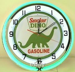 18 Vintage SINCLAIR Metal Sign Double Neon Wall Clock Dino Oil Gas Pump Station
