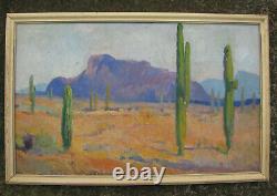 1930s ARIZONA DESERT SAGUARO CACTUS Oil Painting SUPERSTITION MOUNTAIN vintage