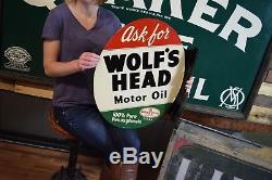 1949 Vintage Wolf's Head Sign 2 sided flange Oil Gas Station advertising CLEAN