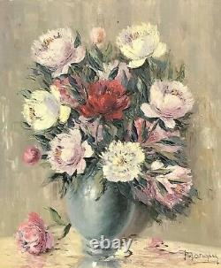 1950's FRENCH STILL LIFE IMPRESSIONIST OIL PAINTING VINTAGE FLOWERS IN VASE