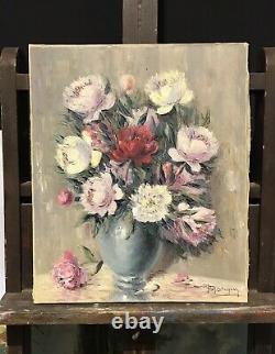 1950's FRENCH STILL LIFE IMPRESSIONIST OIL PAINTING VINTAGE FLOWERS IN VASE