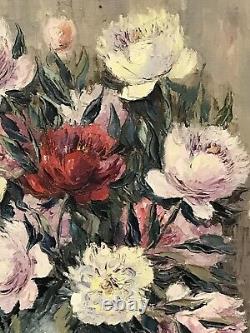 1950's FRENCH STILL LIFE IMPRESSIONIST OIL PAINTING VINTAGE FLOWERS IN VASE