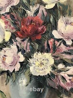 1950's FRENCH STILL LIFE IMPRESSIONIST OIL PAINTING VINTAGE FLOWERS IN VASE