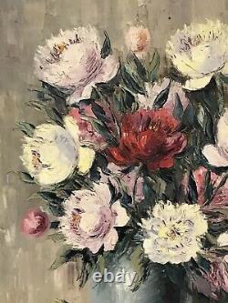 1950's FRENCH STILL LIFE IMPRESSIONIST OIL PAINTING VINTAGE FLOWERS IN VASE