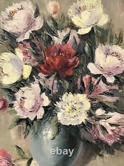 1950's FRENCH STILL LIFE IMPRESSIONIST OIL PAINTING VINTAGE FLOWERS IN VASE