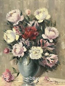 1950's FRENCH STILL LIFE IMPRESSIONIST OIL PAINTING VINTAGE FLOWERS IN VASE