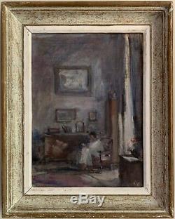 1950's French Signed Vintage Oil Interior Scene Lay Seated In Chair By Window