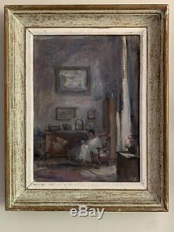 1950's French Signed Vintage Oil Interior Scene Lay Seated In Chair By Window