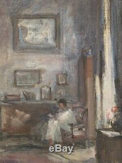 1950's French Signed Vintage Oil Interior Scene Lay Seated In Chair By Window