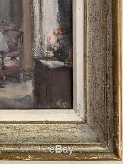 1950's French Signed Vintage Oil Interior Scene Lay Seated In Chair By Window