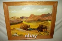 1950s OIL PAINTING SOUTH WESTERN ART BUFFALO JUNE KRAKEL WOOD FRAMED VINTAGE