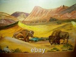 1950s OIL PAINTING SOUTH WESTERN ART BUFFALO JUNE KRAKEL WOOD FRAMED VINTAGE