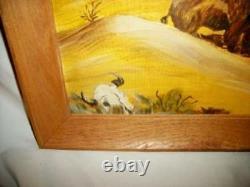 1950s OIL PAINTING SOUTH WESTERN ART BUFFALO JUNE KRAKEL WOOD FRAMED VINTAGE