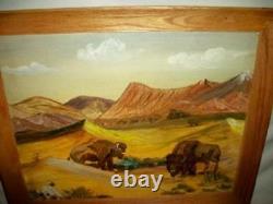 1950s OIL PAINTING SOUTH WESTERN ART BUFFALO JUNE KRAKEL WOOD FRAMED VINTAGE