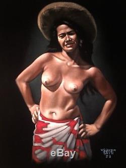 1958 Nude Vintage Tahiti / Polynesian Woman Oil on Black Velvet Painting Signed