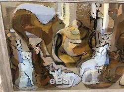 1960's Vintage CATS & Vases Modern MCM Oil Painting by Listed Artist Kay Steppan