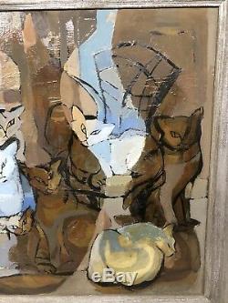 1960's Vintage CATS & Vases Modern MCM Oil Painting by Listed Artist Kay Steppan