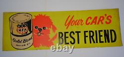 1960s VINTAGE MFA OIL SIGN OIL CAN ADVERTISING SIGN MFA GOLD BOND DOG GRAPHIC