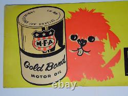 1960s VINTAGE MFA OIL SIGN OIL CAN ADVERTISING SIGN MFA GOLD BOND DOG GRAPHIC