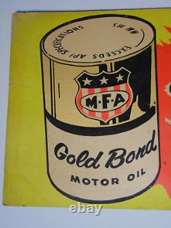 1960s VINTAGE MFA OIL SIGN OIL CAN ADVERTISING SIGN MFA GOLD BOND DOG GRAPHIC