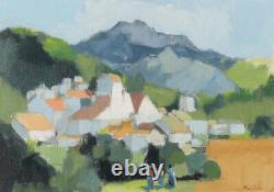 20thC SWEDISH SIGNED OIL BLOCK COLOUR MOUNTAIN LANDSCAPE WITH FIGURES