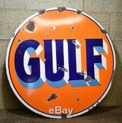 30 Vintage Round Gulf Original Porcelain Gas & Oil Advertising Sign