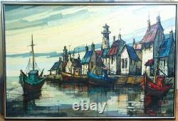 36 Mid-Century Modern Signed GERARD Marine Boats Harbor Oil Painting on Canvas