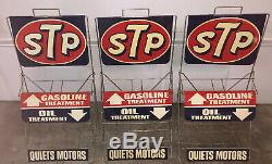 3 Vintage Embossed STP Motor Oil Can Displays Gas Service Station Rack Signs