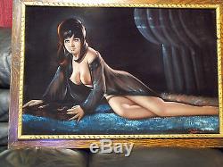 40 x 28 Vintage Signed Framed Nude Priscilla Presley Lady Velvet Painting Art