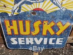42x45 Rare Original Vintage Antique 1930 Husky Service Porcelain Oil & Gas Sign