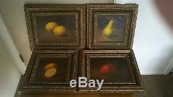 4 Original Vintage Still Life Oil Paintings Fruit Apple Lemon Orange Pear Signed