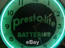 AMAZING original vintage lackner neon clock PREST-O LITE-BATTERIES gas oil sign