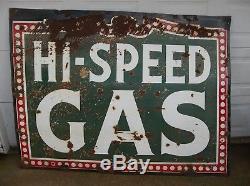 ANTIQUE VTG SINGLE SIDED 1920s HI-SPEED GAS OIL PUMP STATION PORCELAIN SIGN