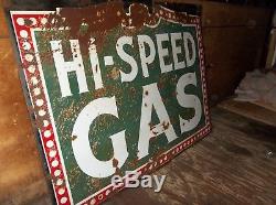 ANTIQUE VTG SINGLE SIDED 1920s HI-SPEED GAS OIL PUMP STATION PORCELAIN SIGN
