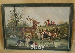 Antique 1930's Original Oil Painting Hunting Cabin Decor Stag Deer Dogs Fox