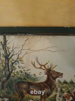 Antique 1930's Original Oil Painting Hunting Cabin Decor Stag Deer Dogs Fox