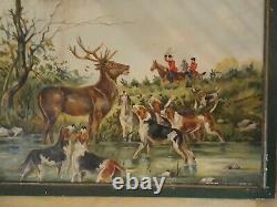 Antique 1930's Original Oil Painting Hunting Cabin Decor Stag Deer Dogs Fox