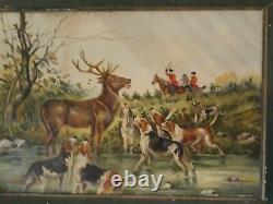 Antique 1930's Original Oil Painting Hunting Cabin Decor Stag Deer Dogs Fox