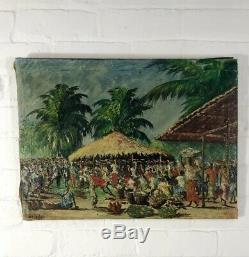 Antique African Oil On Canvas Painting Signed Early C20th Vintage Tribal Art