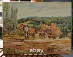 Antique French Painting Antique French Oil on Canvas Painting farm haymaking