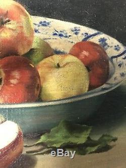 Antique Oil On Canvas Still Life Painting French Fruit Bowl Signed Vintage Apple
