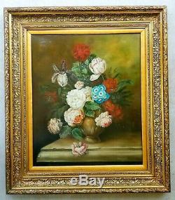 Antique Original Oil Painting Vintage Canvas Floral Still Life Gold Gilt Frame