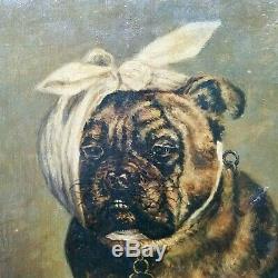 Antique Painting BULLDOG Large Original Oil on Canvas Vintage Bull Dog Portrait