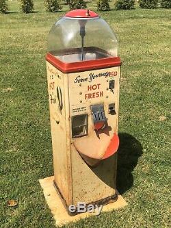 Antique SEZ POP CORN Warmer Advertising Sign Gas Oil Vending Machine Coin Op VTG