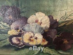 Antique Signed 1903 Original Pansies Pansy Floral Framed Oil Painting