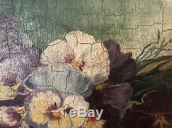 Antique Signed 1903 Original Pansies Pansy Floral Framed Oil Painting