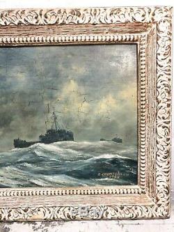 Antique Signed S Christensen Nautical Oil Painting Sea Ship Boat Primitive VTG