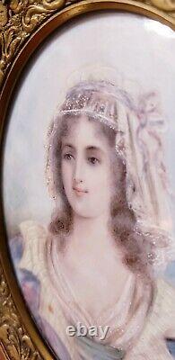 Antique Victorian French Gold Gilt Frame Miniature Signed Painting Portrait Lady