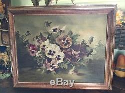 Antique Vintage Oil On Canvas Of Pansies Signed Framed Early 1900's