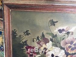 Antique Vintage Oil On Canvas Of Pansies Signed Framed Early 1900's